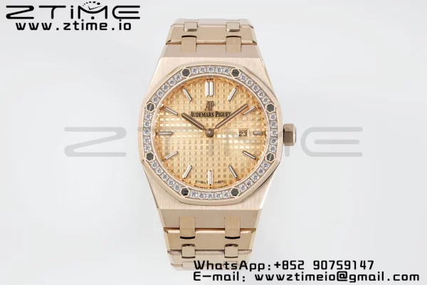 AP Lady Royal Oak 67651 33mm RG ZF 1:1 Best Edition Quadrante RG Lunetta con diamanti su bracciale RG Quarzo ETA - Orologio Super Clone | 1:1 Best Version