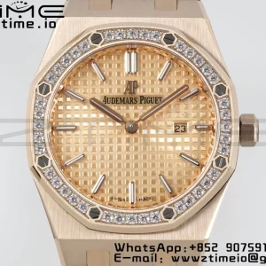AP Lady Royal Oak 67651 33mm RG ZF 1:1 Best Edition Quadrante RG Lunetta con diamanti su bracciale RG Quarzo ETA - Orologio Super Clone | 1:1 Best Version