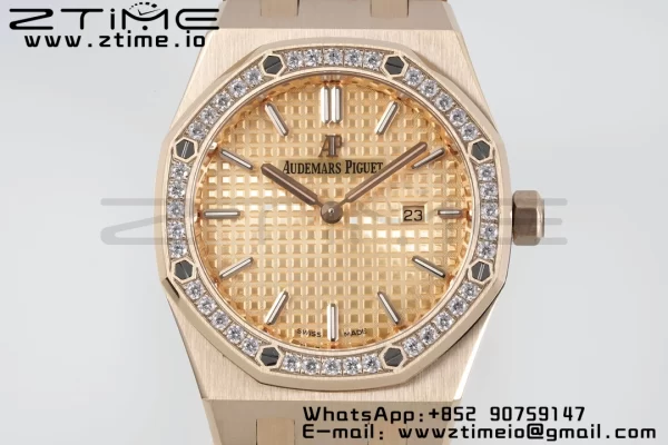 AP Lady Royal Oak 67651 33mm RG ZF 1:1 Best Edition Quadrante RG Lunetta con diamanti su bracciale RG Quarzo ETA - Orologio Super Clone | 1:1 Best Version
