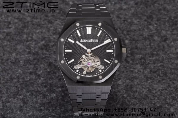 AP Royal Oak PVD Tourbillon R8F Mejor Edición Esfera Negra Sunburst Tapisserie con Brazalete de PVD V3 - Reloj Super Clon | 1:1 Mejor Versión
