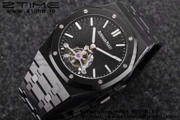 AP Royal Oak PVD Tourbillon R8F Mejor Edición Esfera Negra Sunburst Tapisserie con Brazalete de PVD V3 - Reloj Super Clon | 1:1 Mejor Versión