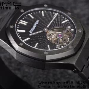 AP Royal Oak PVD Tourbillon R8F Mejor Edición Esfera Negra Sunburst Tapisserie con Brazalete de PVD V3 - Reloj Super Clon | 1:1 Mejor Versión