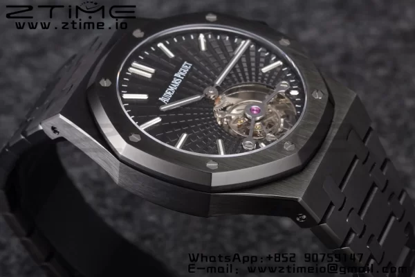 AP Royal Oak PVD Tourbillon R8F Mejor Edición Esfera Negra Sunburst Tapisserie con Brazalete de PVD V3 - Reloj Super Clon | 1:1 Mejor Versión