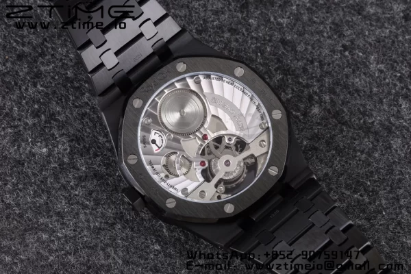 AP Royal Oak PVD Tourbillon R8F Mejor Edición Esfera Negra Sunburst Tapisserie con Brazalete de PVD V3 - Reloj Super Clon | 1:1 Mejor Versión