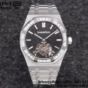AP Royal Oak 2018 SIHH SS Tourbillon R8F Diamond Bezel  Black Sunburst Tapisserie Dial on SS Bracelet V3 - Super Clone Watch | 1:1 Best Version