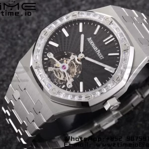 AP Royal Oak 2018 SIHH SS Tourbillon R8F Diamond Bezel Black Sunburst Tapisserie Dial on SS Bracelet V3 - スーパークローンウォッチ｜1:1ベストバージョン