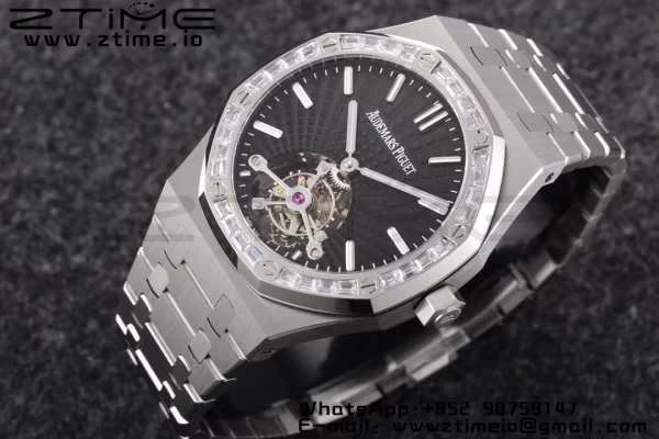 AP Royal Oak 2018 SIHH SS Tourbillon R8F Diamond Bezel Black Sunburst Tapisserie Dial on SS Bracelet V3 - スーパークローンウォッチ｜1:1ベストバージョン