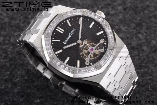 AP Royal Oak 2018 SIHH SS Tourbillon R8F Diamond Bezel Black Sunburst Tapisserie Dial on SS Bracelet V3 - スーパークローンウォッチ｜1:1ベストバージョン