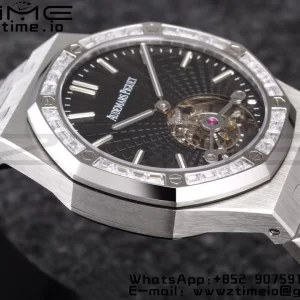 AP Royal Oak 2018 SIHH SS Tourbillon R8F Diamond Bezel Black Sunburst Tapisserie Dial on SS Bracelet V3 - スーパークローンウォッチ｜1:1ベストバージョン