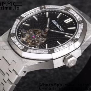 AP Royal Oak 2018 SIHH SS Tourbillon R8F Diamond Bezel Black Sunburst Tapisserie Dial on SS Bracelet V3 - スーパークローンウォッチ｜1:1ベストバージョン