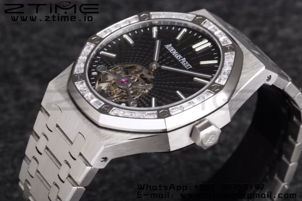 AP Royal Oak 2018 SIHH SS Tourbillon R8F Diamond Bezel Black Sunburst Tapisserie Dial on SS Bracelet V3 - スーパークローンウォッチ｜1:1ベストバージョン