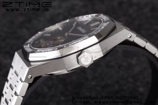 AP Royal Oak 2018 SIHH SS Tourbillon R8F Diamond Bezel Black Sunburst Tapisserie Dial on SS Bracelet V3 - スーパークローンウォッチ｜1:1ベストバージョン
