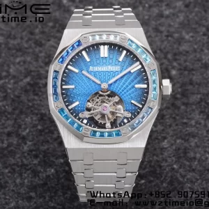AP Royal Oak 2018 SIHH SS Tourbillon R8F Diamond Bezel Blue Sunburst Tapisserie Dial on SS Bracelet V3 - Super Clone Watch | 1:1 Best Version