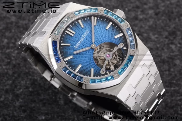 AP Royal Oak 2018 SIHH SS Tourbillon R8F Diamond Bezel Blue Sunburst Tapisserie Dial on SS Bracelet V3 - Super Clone Watch | 1:1 Best Version