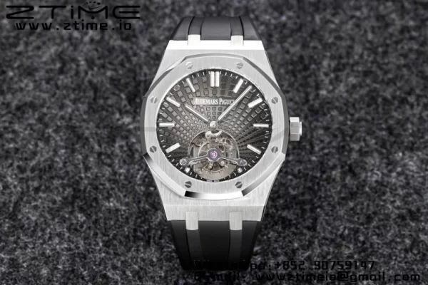 AP Royal Oak 2018 SIHH SS Tourbillon R8F Gray Sunburst Tapisserie Dial on Black Rubber Strap V3 - Super Clone Watch | 1:1 Best Version