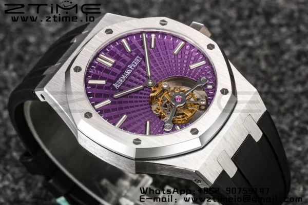 AP AP Royal Oak 2018 SIHH SS Tourbillon R8F Purple Sunburst Tapisserie Dial on Black Rubber Strap V3 - Super Clone Watch | 1:1 Best Version