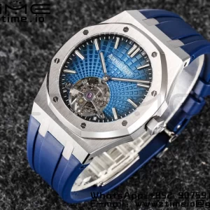 AP Royal Oak 2018 SIHH SS Tourbillon R8F Graduated Blue Checkered Dial on Blue Rubber Strap V3 - Super Clone Watch | 1:1 Best Version