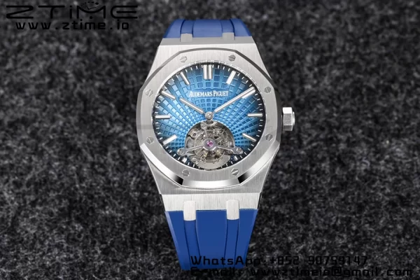 AP Royal Oak 2018 SIHH SS Tourbillon R8F Graduated Blue Checkered Dial on Blue Rubber Strap V3 - Super Clone Watch | 1:1 Best Version