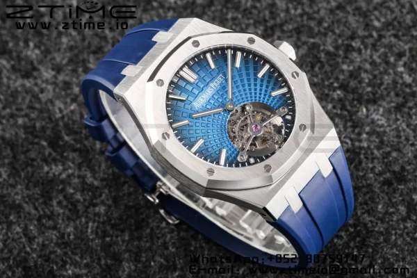 AP Royal Oak 2018 SIHH SS Tourbillon R8F Graduated Blue Checkered Dial on Blue Rubber Strap V3 - Super Clone Watch | 1:1 Best Version