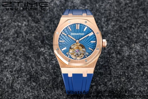 AP Royal Oak 2018 SIHH RG Tourbillon R8F Graduated Blue Checkered Dial on Blue Rubber Strap V3 - Super Clone Watch | 1:1 Best Version