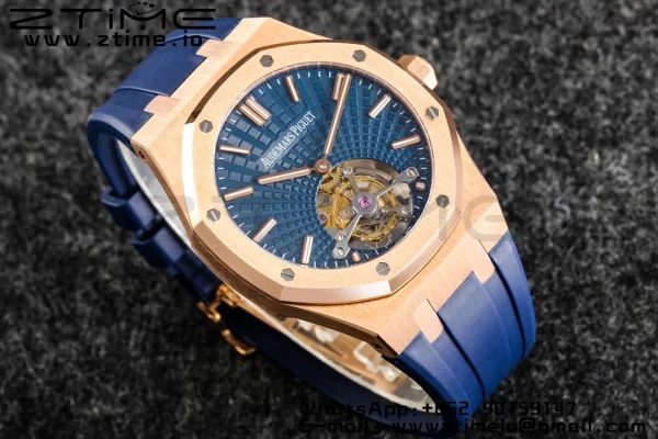 AP Royal Oak 2018 SIHH RG Tourbillon R8F Graduated Blue Checkered Dial on Blue Rubber Strap V3 - Super Clone Watch | 1:1 Best Version