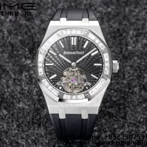 AP Royal Oak 2018 SIHH SS Tourbillon R8F Diamond Bezel Black Sunburst Tapisserie Dial on Black Rubber Strap V3 - Super Clone Watch | 1:1 Best Version