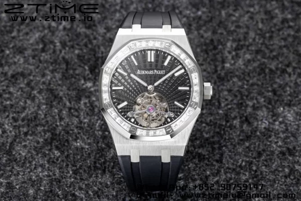 AP Royal Oak 2018 SIHH SS Tourbillon R8F Diamond Bezel Black Sunburst Tapisserie Dial on Black Rubber Strap V3 - Super Clone Watch | 1:1 Best Version
