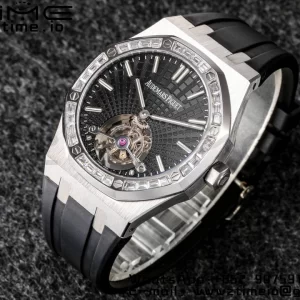 AP Royal Oak 2018 SIHH SS Tourbillon R8F Diamond Bezel Black Sunburst Tapisserie Dial on Black Rubber Strap V3 - Super Clone Watch | 1:1 Best Version