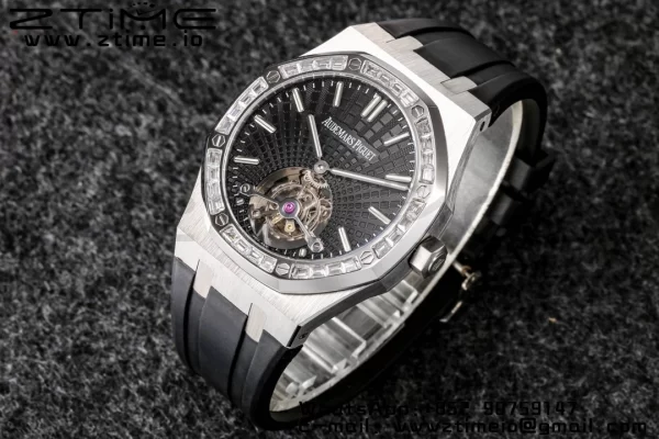 AP Royal Oak 2018 SIHH SS Tourbillon R8F Diamond Bezel Black Sunburst Tapisserie Dial on Black Rubber Strap V3 - Super Clone Watch | 1:1 Best Version