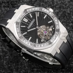 AP Royal Oak 2018 SIHH SS Tourbillon R8F Diamond Bezel Black Sunburst Tapisserie Dial on Black Rubber Strap V3 - Super Clone Watch | 1:1 Best Version