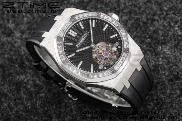 AP Royal Oak 2018 SIHH SS Tourbillon R8F Diamond Bezel Black Sunburst Tapisserie Dial on Black Rubber Strap V3 - Super Clone Watch | 1:1 Best Version