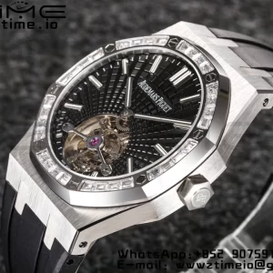 AP Royal Oak 2018 SIHH SS Tourbillon R8F Diamond Bezel Black Sunburst Tapisserie Dial on Black Rubber Strap V3 - Super Clone Watch | 1:1 Best Version