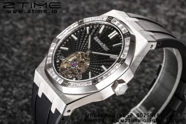 AP Royal Oak 2018 SIHH SS Tourbillon R8F Diamond Bezel Black Sunburst Tapisserie Dial on Black Rubber Strap V3 - Super Clone Watch | 1:1 Best Version