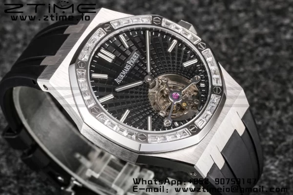 AP Royal Oak 2018 SIHH SS Tourbillon R8F Diamond Bezel Black Sunburst Tapisserie Dial on Black Rubber Strap V3 - Super Clone Watch | 1:1 Best Version