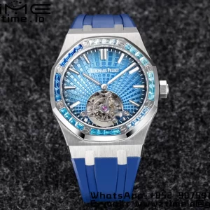 AP Royal Oak 2018 SIHH SS Tourbillon R8F Diamond Bezel Blue Sunburst Tapisserie Dial on Blue Rubber Strap V3 - Super Clone Watch | 1:1 Best Version