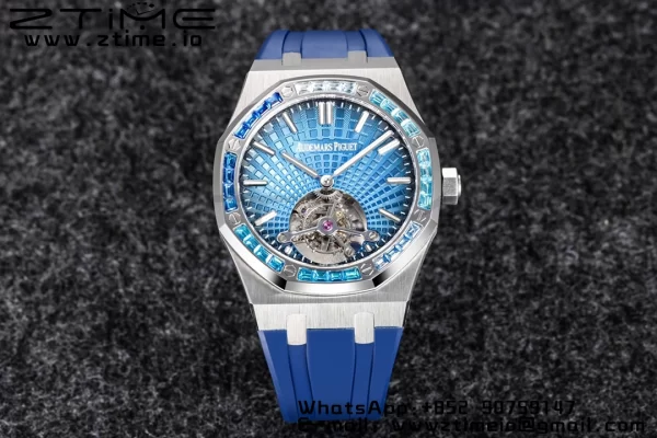 AP Royal Oak 2018 SIHH SS Tourbillon R8F Diamond Bezel Blue Sunburst Tapisserie Dial on Blue Rubber Strap V3 - Super Clone Watch | 1:1 Best Version