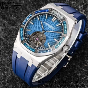 AP Royal Oak 2018 SIHH SS Tourbillon R8F Diamond Bezel Blue Sunburst Tapisserie Dial on Blue Rubber Strap V3 - Super Clone Watch | 1:1 Best Version