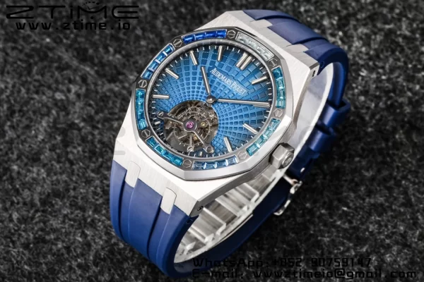 AP Royal Oak 2018 SIHH SS Tourbillon R8F Diamond Bezel Blue Sunburst Tapisserie Dial on Blue Rubber Strap V3 - Super Clone Watch | 1:1 Best Version