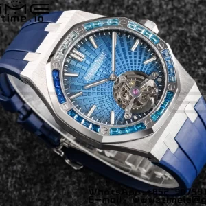 AP Royal Oak 2018 SIHH SS Tourbillon R8F Diamond Bezel Blue Sunburst Tapisserie Dial on Blue Rubber Strap V3 - Super Clone Watch | 1:1 Best Version