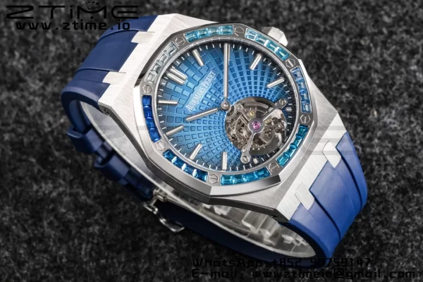 AP Royal Oak 2018 SIHH SS Tourbillon R8F Diamond Bezel Blue Sunburst Tapisserie Dial on Blue Rubber Strap V3 - Super Clone Watch | 1:1 Best Version