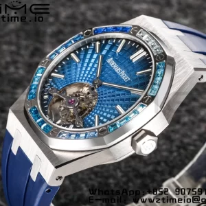 AP Royal Oak 2018 SIHH SS Tourbillon R8F Diamond Bezel Blue Sunburst Tapisserie Dial on Blue Rubber Strap V3 - Super Clone Watch | 1:1 Best Version