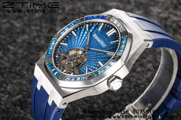 AP Royal Oak 2018 SIHH SS Tourbillon R8F Diamond Bezel Blue Sunburst Tapisserie Dial on Blue Rubber Strap V3 - Super Clone Watch | 1:1 Best Version