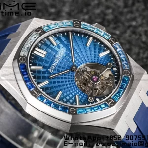 AP Royal Oak 2018 SIHH SS Tourbillon R8F Diamond Bezel Blue Sunburst Tapisserie Dial on Blue Rubber Strap V3 - Super Clone Watch | 1:1 Best Version