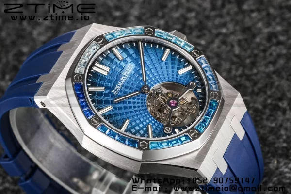 AP Royal Oak 2018 SIHH SS Tourbillon R8F Diamond Bezel Blue Sunburst Tapisserie Dial on Blue Rubber Strap V3 - Super Clone Watch | 1:1 Best Version