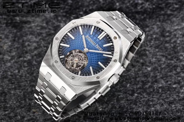AP Royal Oak 2018 SIHH SS Tourbillon R8F Graduated Dark Blue Sunburst Tapisserie Dial on SS Bracelet Flying Tourb - Super Clone Watch | 1:1 Best Version