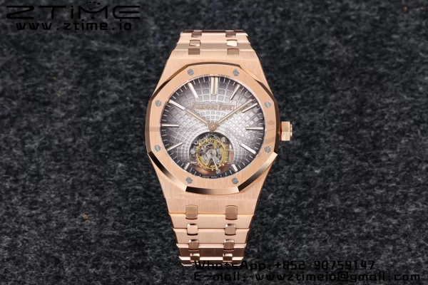 AP Royal Oak 2018 SIHH RG Tourbillon R8F Graduated Gray Sunburst Tapisserie Dial on RG Bracelet Flying Tourb - Super Clone Watch | 1:1 Best Version
