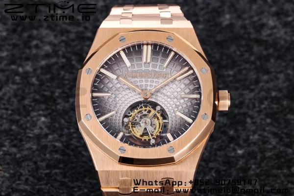 AP Royal Oak 2018 SIHH RG Tourbillon R8F Graduated Gray Sunburst Tapisserie Dial on RG Bracelet Flying Tourb - Super Clone Watch | 1:1 Best Version