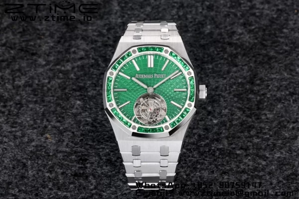 AP Royal Oak SIHH SS Tourbillon R8F Diamond Bezel Green Sunburst Tapisserie Dial on SS Bracelet V2 Flying Tourb - Super Clone Watch | 1:1 Best Version
