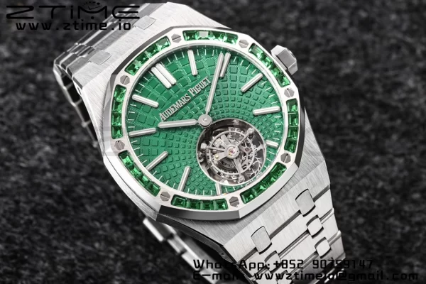 AP Royal Oak SIHH SS Tourbillon R8F Diamond Bezel Green Sunburst Tapisserie Dial on SS Bracelet V2 Flying Tourb - Super Clone Watch | 1:1 Best Version