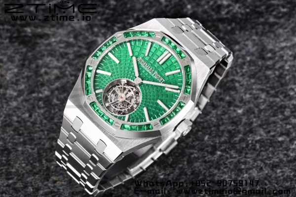 AP Royal Oak SIHH SS Tourbillon R8F Diamond Bezel Green Sunburst Tapisserie Dial on SS Bracelet V2 Flying Tourb - Super Clone Watch | 1:1 Best Version